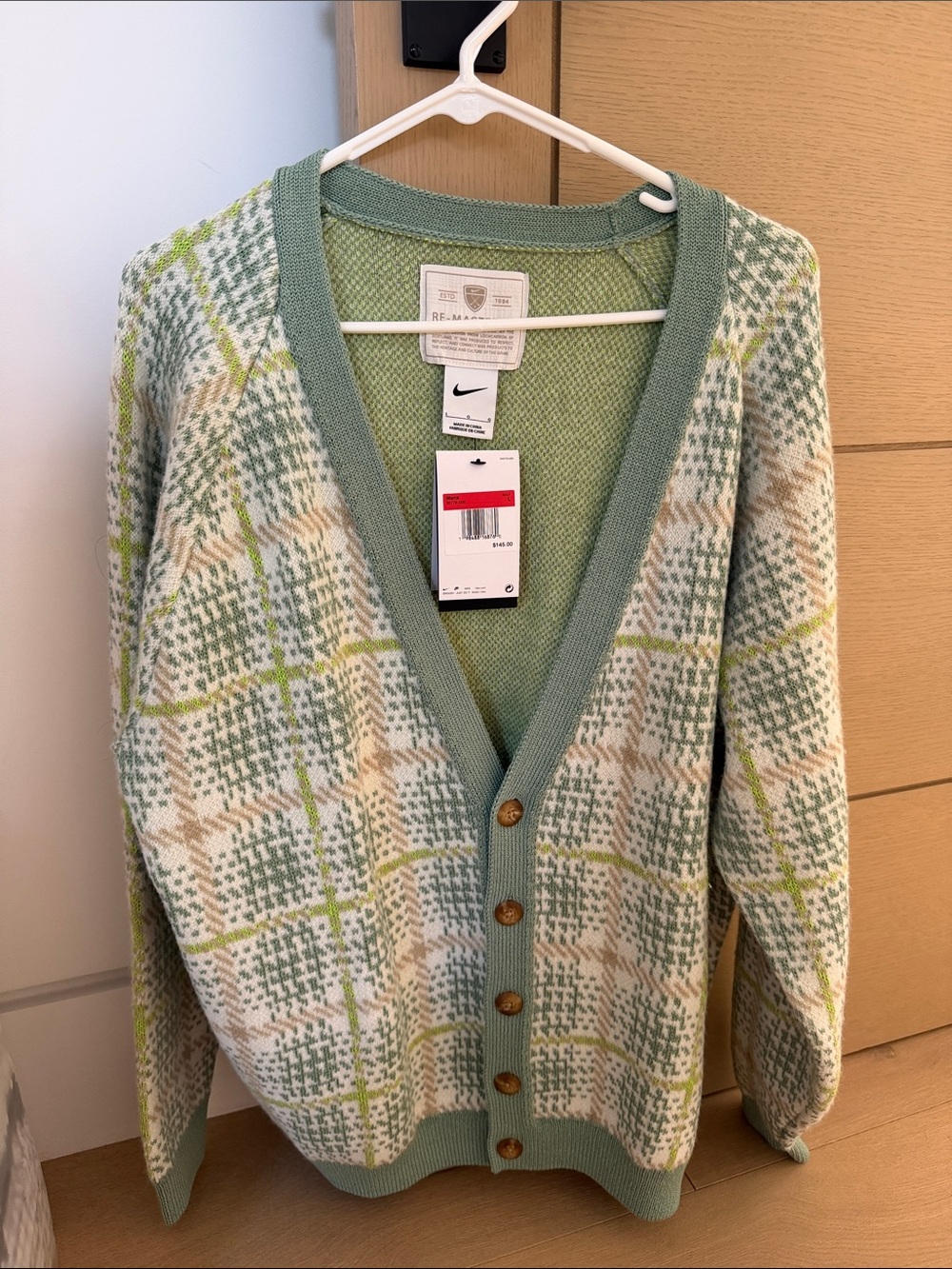 Nike men Green Plaid Button-Up Cardigan Sweater